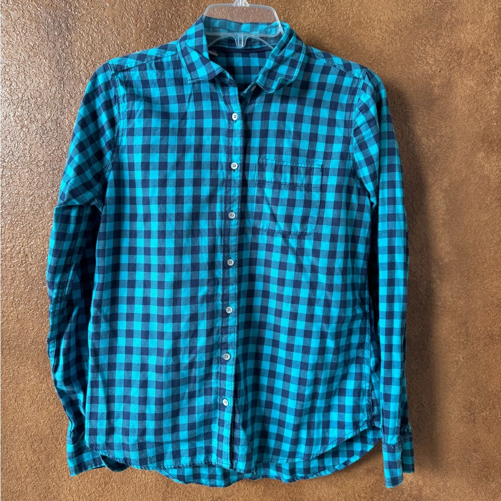 Blue & Turquoise Checkered Plaid Flannel Long Sleeve Button Down Shirt Size S